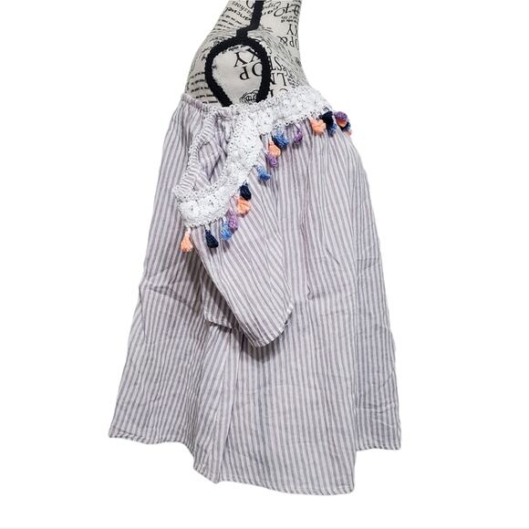 Listicle Top Tassle Fringe Off The Shoulder Brown White Stripe Relaxed Fit Large - Picture 4 of 9
